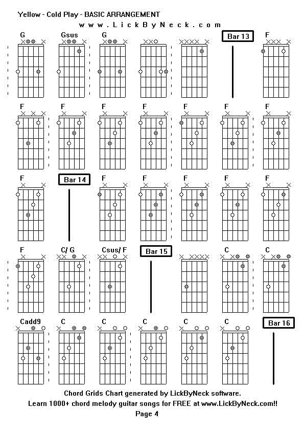 Chord Grids Chart of chord melody fingerstyle guitar song-Yellow - Cold Play - BASIC ARRANGEMENT,generated by LickByNeck software.